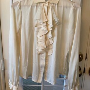 Ralph Lauren 100% Silk Ruffled Cream Blouse with Sheer Neck Detail